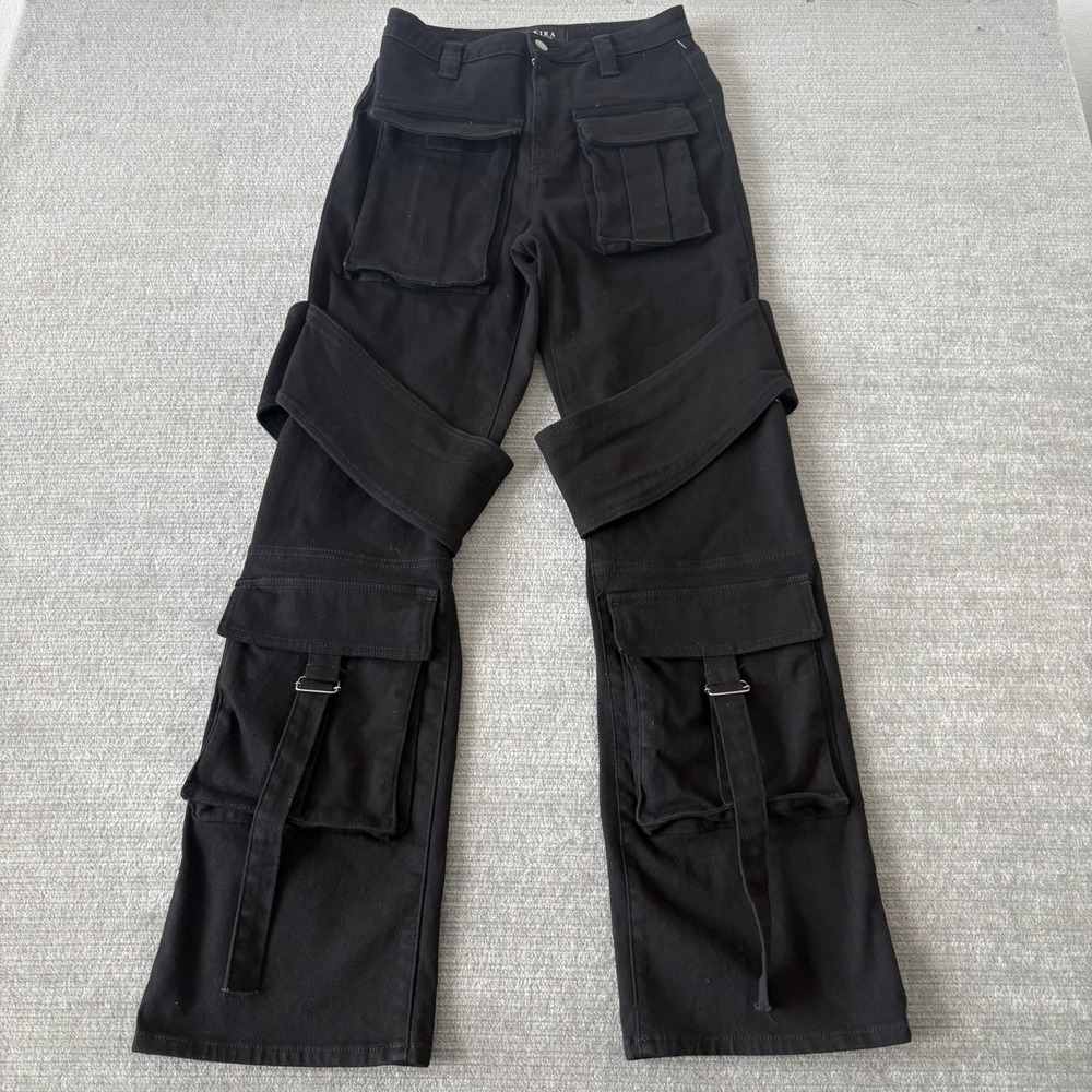 Akira Baggy Relaxed Cargo Denim Jeans Pockets Women's 7 Black High Rise Wide Leg